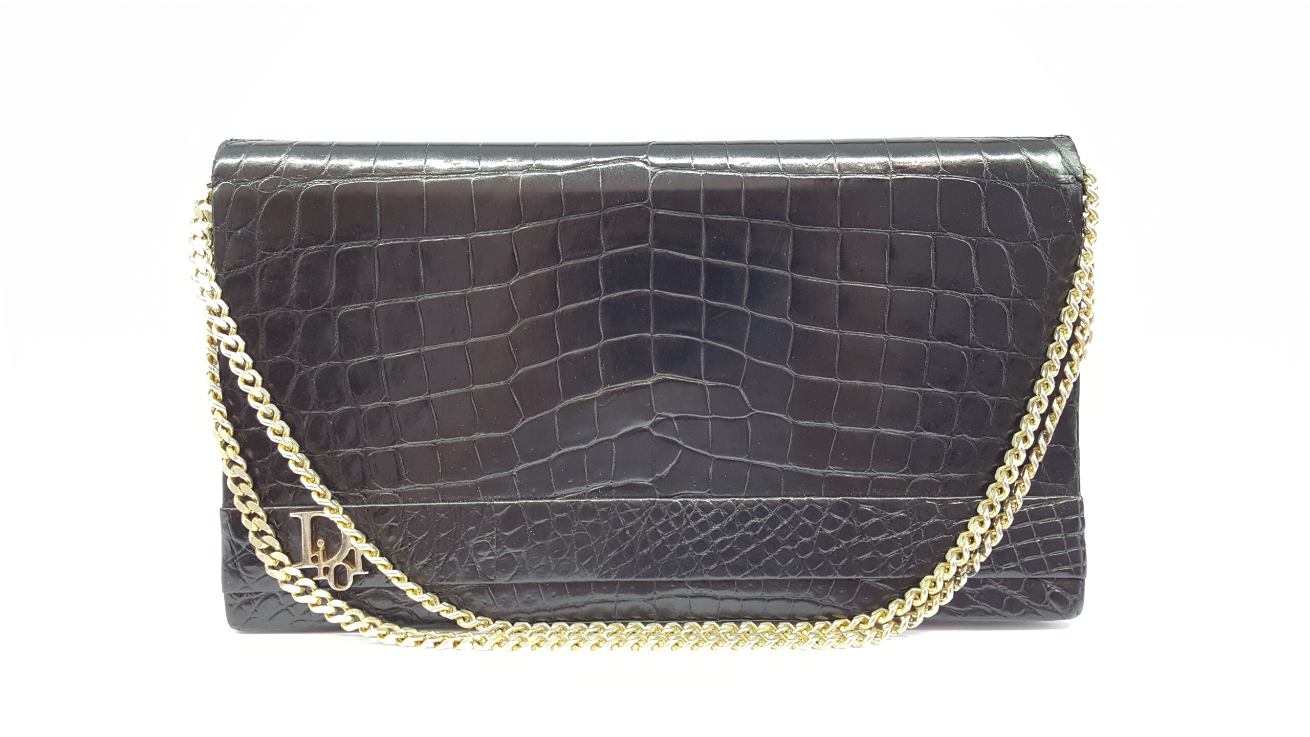 Christian Dior Vintage Black Leather Chain Strap Clutch Bag
